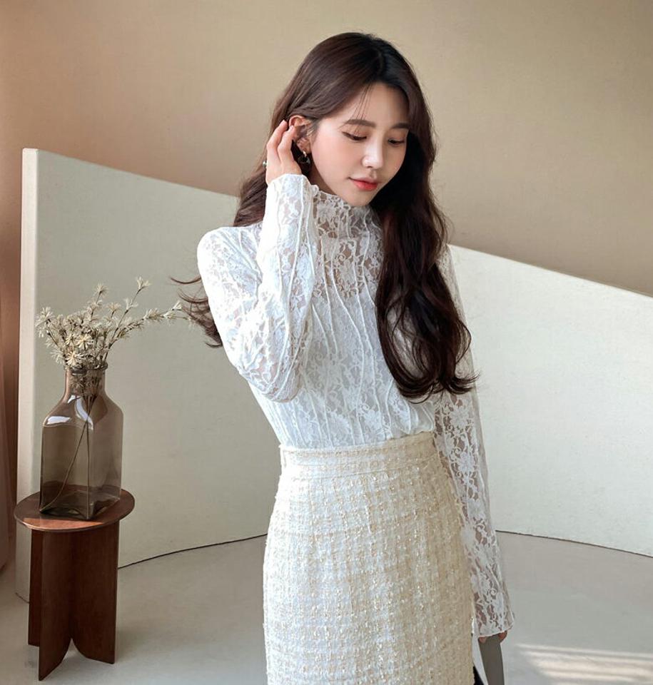 レースハーフネックブラウス・全3色・b61472 レディース 【bl】【韓国 ファッション トップス ブラウス 長袖 レース ハーフネック ウェーブ 上品 ベーシック フェミニン カジュアル 無地 デイリー カジュアル 秋 冬】