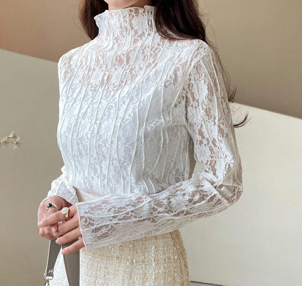 レースハーフネックブラウス・全3色・b61472 レディース 【bl】【韓国 ファッション トップス ブラウス 長袖 レース ハーフネック ウェーブ 上品 ベーシック フェミニン カジュアル 無地 デイリー カジュアル 秋 冬】