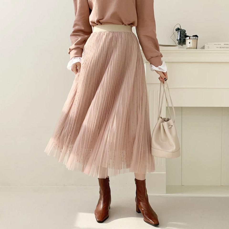 ドットチュールスカート・全3色・b66476 レディース 【sk】【スカート ロング ロングスカート チュール チュールスカート 透け感 シアー シースルー ドット柄 ウエストゴム 可愛い かわいい 秋 冬 韓国 ファッション】【ハイホリHIHOLLI】