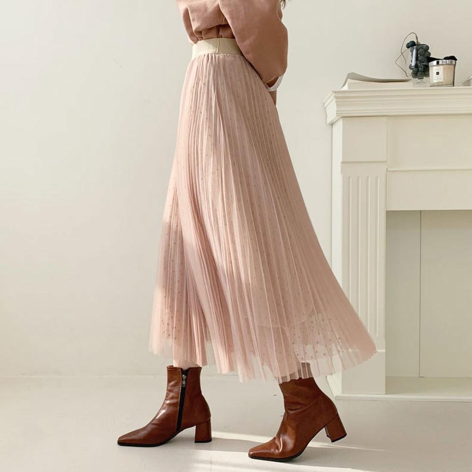 ドットチュールスカート・全3色・b66476 レディース 【sk】【スカート ロング ロングスカート チュール チュールスカート 透け感 シアー シースルー ドット柄 ウエストゴム 可愛い かわいい 秋 冬 韓国 ファッション】【ハイホリHIHOLLI】