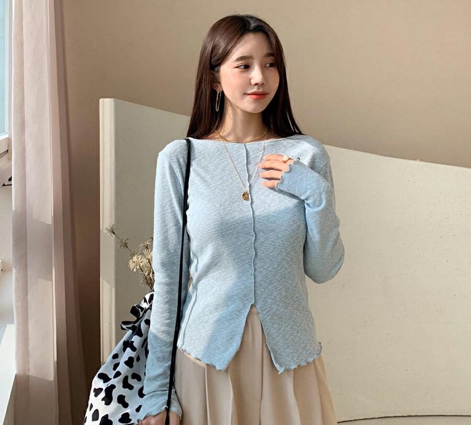 2WAYウェーブTシャツ・全4色・t61470 レディース 【tops】【韓国 ファッション トップス Tシャツ 長袖 ボートネック 2WAY ウェーブ 体型カーバー スリム フィット 鎖骨 デイリー ベーシック カジュアル 無地 カジュアル 秋 冬】