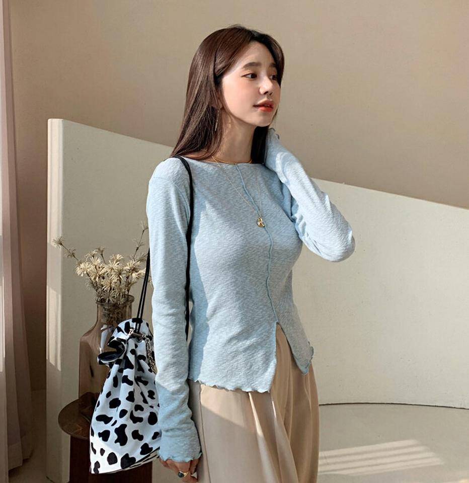 2WAYウェーブTシャツ・全4色・t61470 レディース 【tops】【韓国 ファッション トップス Tシャツ 長袖 ボートネック 2WAY ウェーブ 体型カーバー スリム フィット 鎖骨 デイリー ベーシック カジュアル 無地 カジュアル 秋 冬】