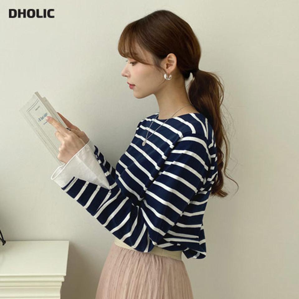 スリーブ配色ボーダーTシャツ・全2色・t66477 レディース 【tops】【トップス Tシャツ 長袖 ボーダー柄 配色 カジュアル ラフ 異素材 秋 冬 韓国 ファッション】【ハイホリHIHOLLI】【BT】