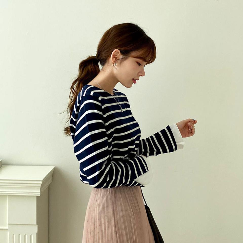 スリーブ配色ボーダーTシャツ・全2色・t66477 レディース 【tops】【トップス Tシャツ 長袖 ボーダー柄 配色 カジュアル ラフ 異素材 秋 冬 韓国 ファッション】【ハイホリHIHOLLI】【BT】