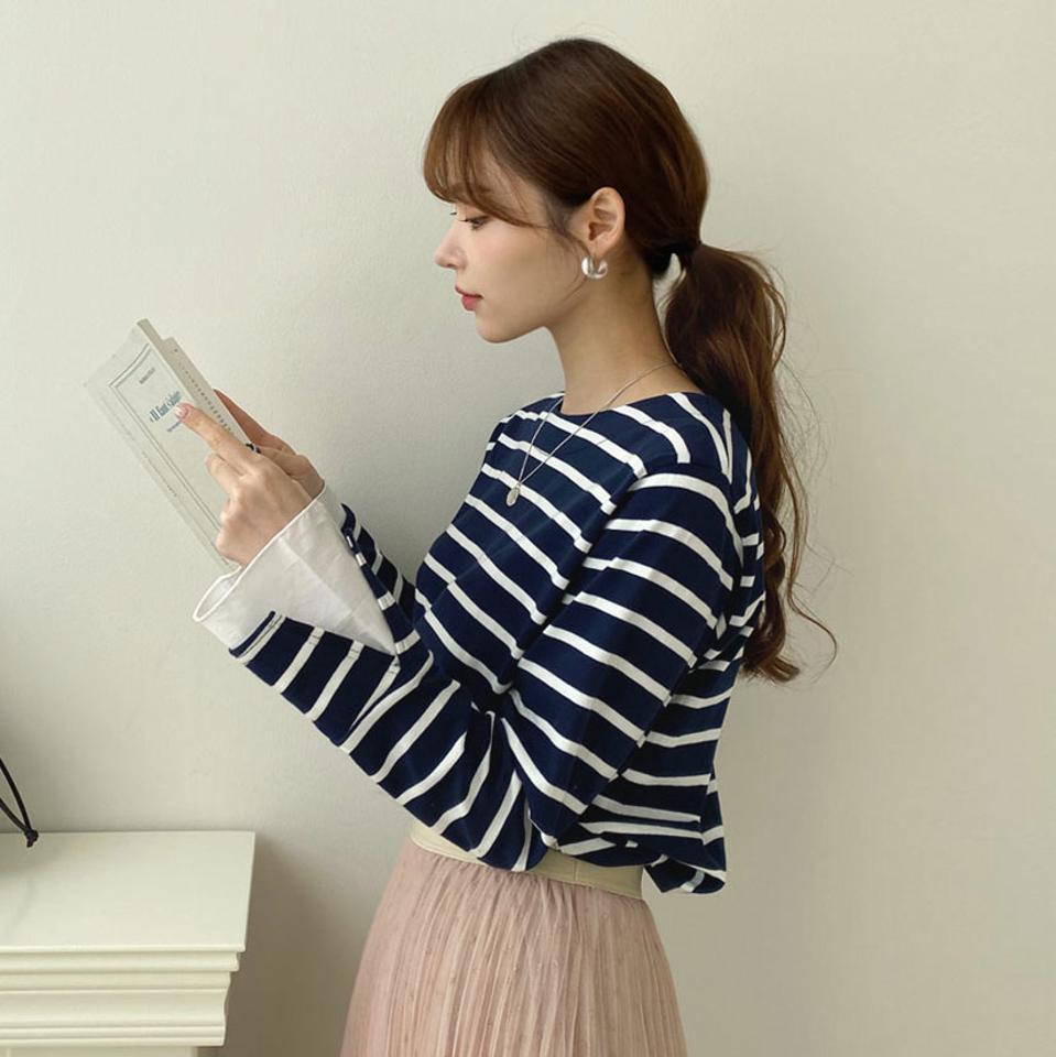 スリーブ配色ボーダーTシャツ・全2色・t66477 レディース 【tops】【トップス Tシャツ 長袖 ボーダー柄 配色 カジュアル ラフ 異素材 秋 冬 韓国 ファッション】【ハイホリHIHOLLI】【BT】