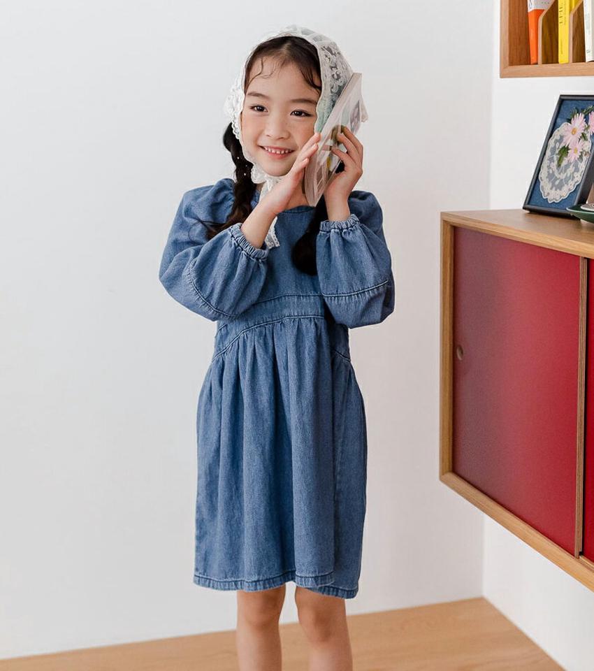 デニムワンピース・u10992 キッズ【3~8才】【ops】【ワンピース ミディ丈 ミディワンピース デニム デニムワンピース 長袖 カジュアル ラフ 女の子 秋 冬 韓国 韓国子供服 子供 こども 子供服 こども服】【KIDS】