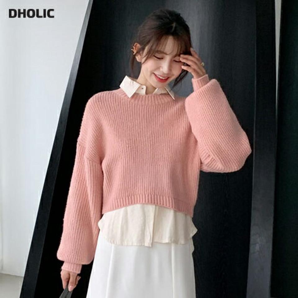 パフクロップドニット・全5色・b61480 レディース 【tops】【韓国 ファッション トップス ニット 長袖 ぼわん袖 パフスリーブ ラウンドネック やわらかい クロップド 細身 体型カーバー デイリー ベーシック カジュアル シンプル カジュアル 秋 冬】