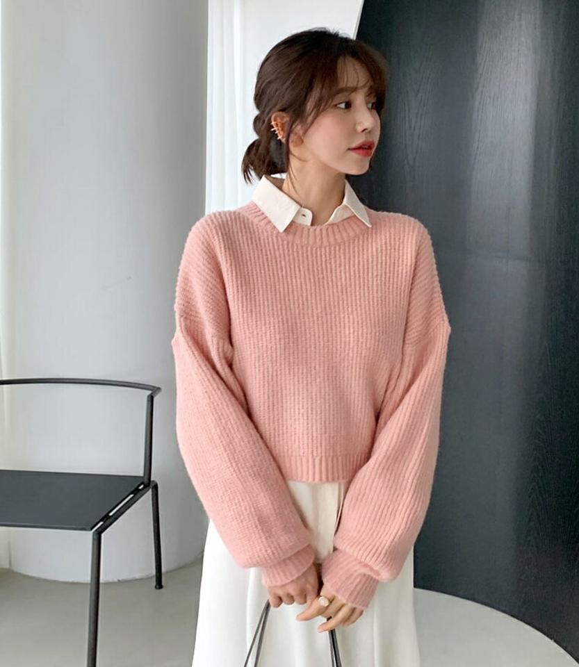 パフクロップドニット・全5色・b61480 レディース 【tops】【韓国 ファッション トップス ニット 長袖 ぼわん袖 パフスリーブ ラウンドネック やわらかい クロップド 細身 体型カーバー デイリー ベーシック カジュアル シンプル カジュアル 秋 冬】
