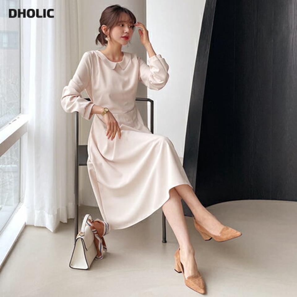 カラーフレアワンピース・全4色・t61483 レディース 【ops】【韓国 ファッション ワンピース ロング ロングワンピス 長袖 Aライン フロントタック 無地 リボン ベーシック シンプル カジュアル 体型カバー 細身 カジュアル 秋 冬】