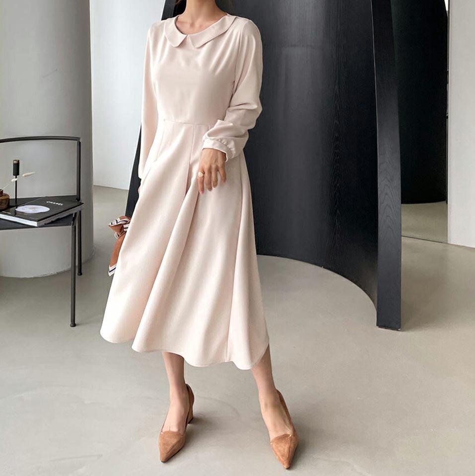 カラーフレアワンピース・全4色・t61483 レディース 【ops】【韓国 ファッション ワンピース ロング ロングワンピス 長袖 Aライン フロントタック 無地 リボン ベーシック シンプル カジュアル 体型カバー 細身 カジュアル 秋 冬】