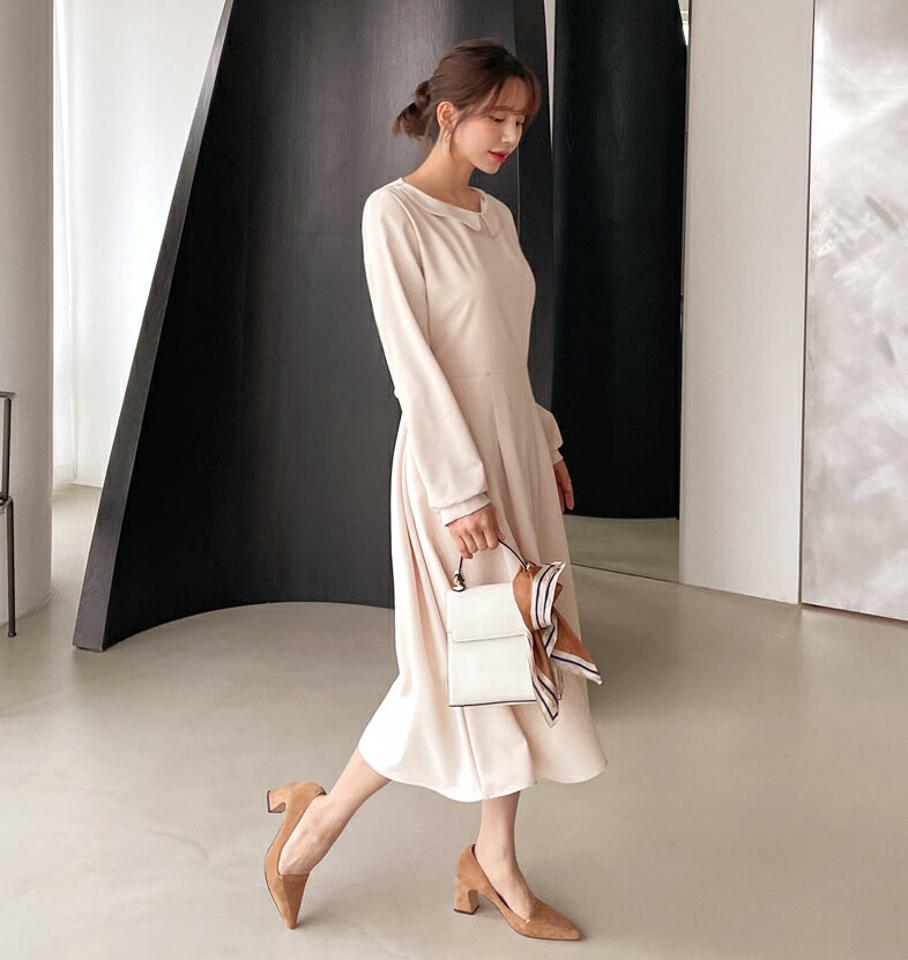 カラーフレアワンピース・全4色・t61483 レディース 【ops】【韓国 ファッション ワンピース ロング ロングワンピス 長袖 Aライン フロントタック 無地 リボン ベーシック シンプル カジュアル 体型カバー 細身 カジュアル 秋 冬】