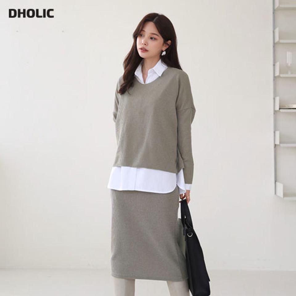 リブVネックニット&スカートSET・全5色・t66542 レディース 【ops】【セットアップ setup ニット ニットアップ トップス 長袖 スカート ミディスカート ミディ丈 単色 無地 シンプル 秋 冬 韓国 ファッション】【ハイホリHIHOLLI】