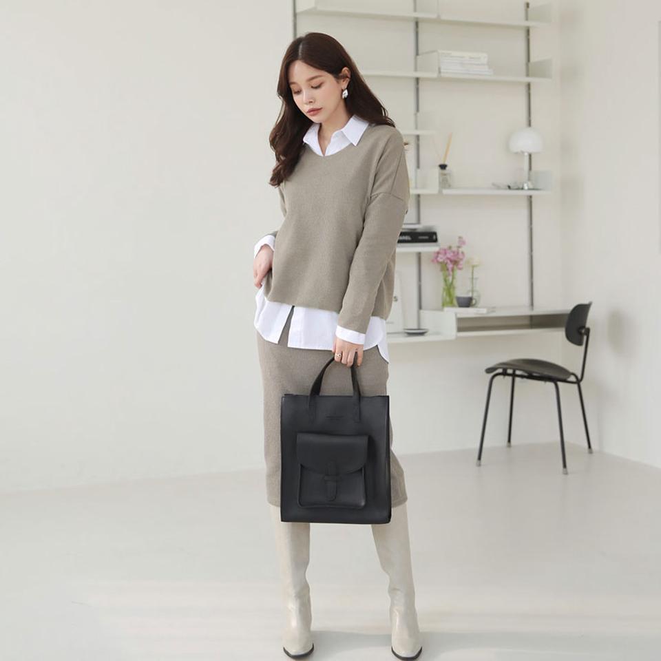 リブVネックニット&スカートSET・全5色・t66542 レディース 【ops】【セットアップ setup ニット ニットアップ トップス 長袖 スカート ミディスカート ミディ丈 単色 無地 シンプル 秋 冬 韓国 ファッション】【ハイホリHIHOLLI】