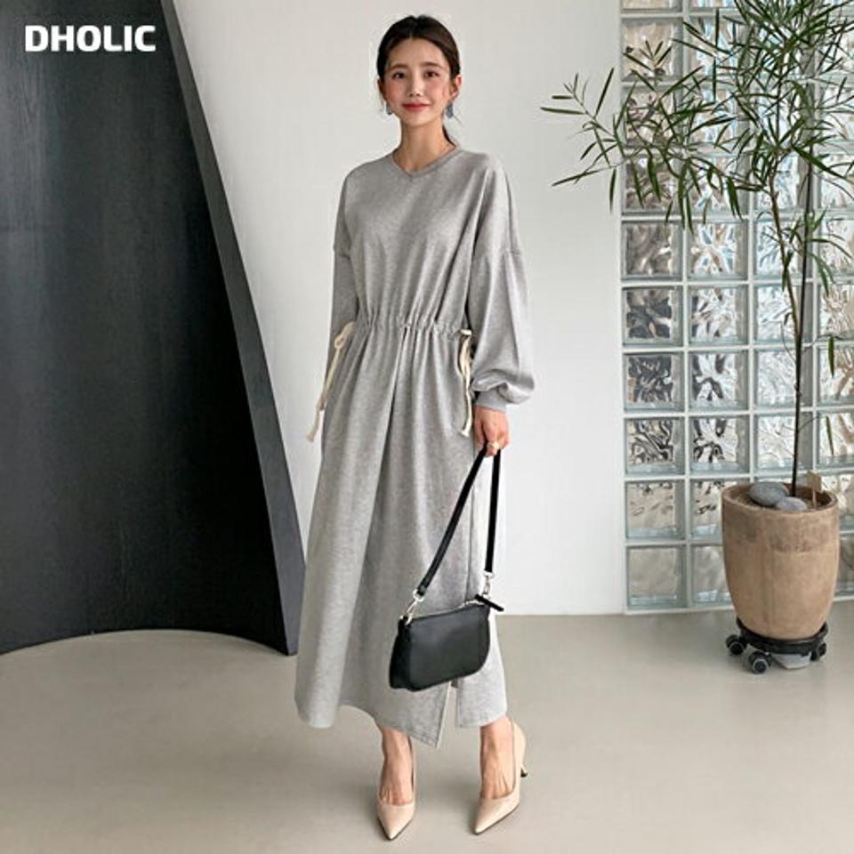 サイドストリングワンピース・全3色・b61485 レディース 【ops】【韓国 ファッション ワンピース ロング ロングワンピス 長袖 Aライン ウエストストリング 無地 ラウンドネック ベーシック シンプル カジュアル 体型カバー 細身 カジュアル 秋 冬】