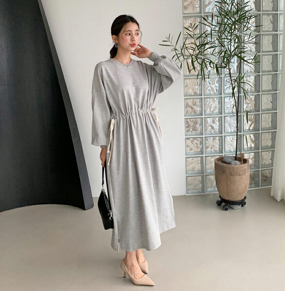 サイドストリングワンピース・全3色・b61485 レディース 【ops】【韓国 ファッション ワンピース ロング ロングワンピス 長袖 Aライン ウエストストリング 無地 ラウンドネック ベーシック シンプル カジュアル 体型カバー 細身 カジュアル 秋 冬】