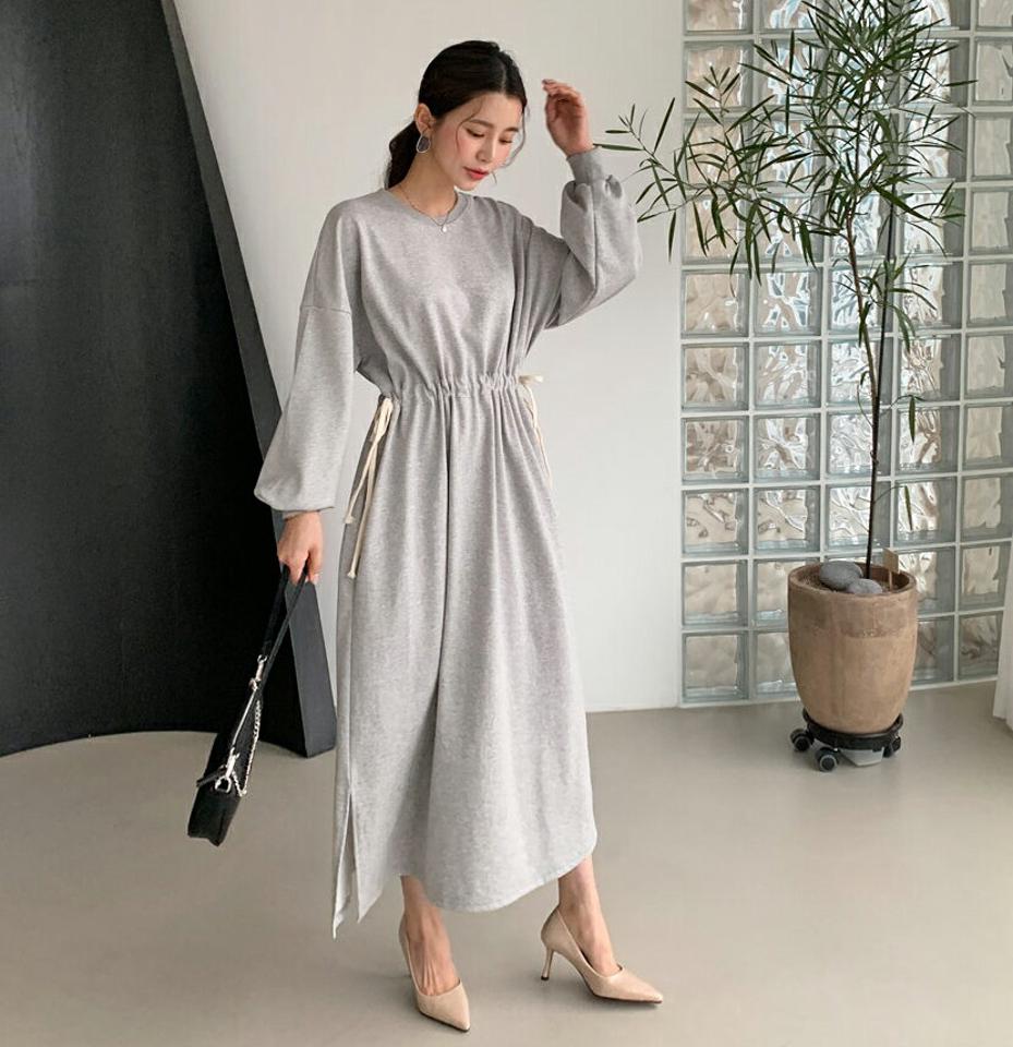 サイドストリングワンピース・全3色・b61485 レディース 【ops】【韓国 ファッション ワンピース ロング ロングワンピス 長袖 Aライン ウエストストリング 無地 ラウンドネック ベーシック シンプル カジュアル 体型カバー 細身 カジュアル 秋 冬】