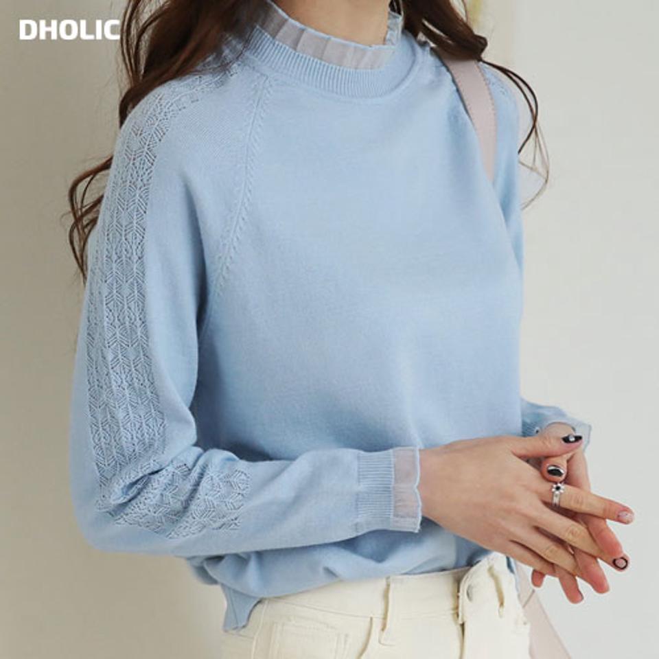 フリルシアースリーブニット・全4色・b66479 レディース 【tops】【トップス ニット ニットトップス 長袖 透け感 フリル シアー シースルー ハーフネック フェミニン 可愛い かわいい 秋 冬 韓国 ファッション】【ハイホリHIHOLLI】