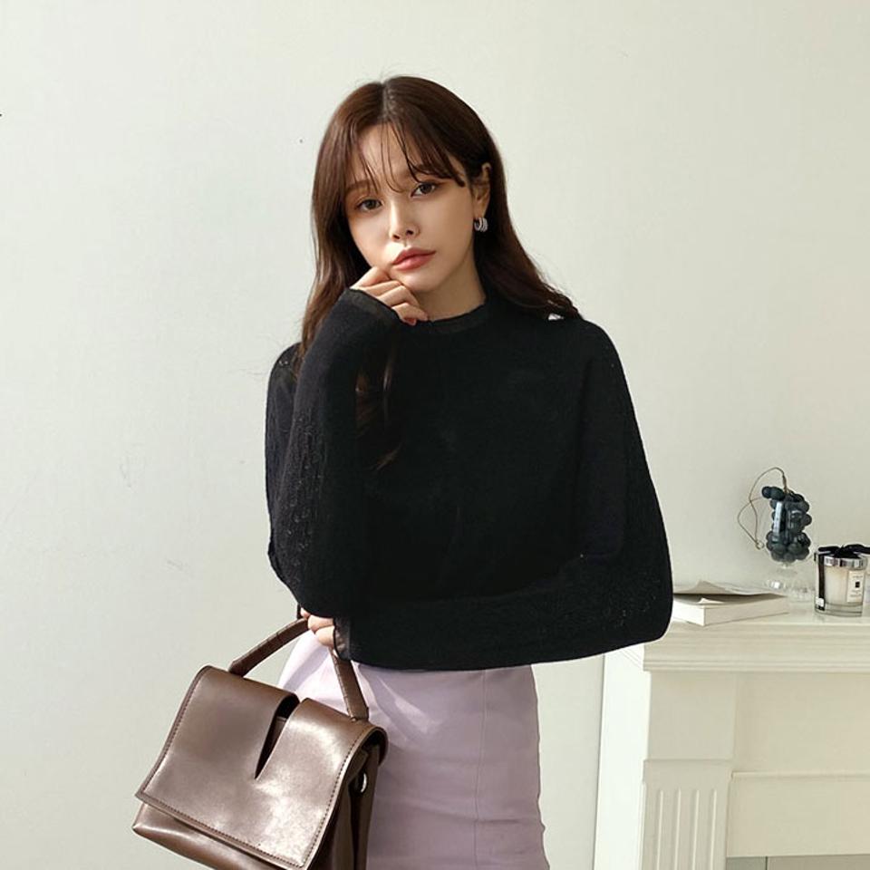 フリルシアースリーブニット・全4色・b66479 レディース 【tops】【トップス ニット ニットトップス 長袖 透け感 フリル シアー シースルー ハーフネック フェミニン 可愛い かわいい 秋 冬 韓国 ファッション】【ハイホリHIHOLLI】