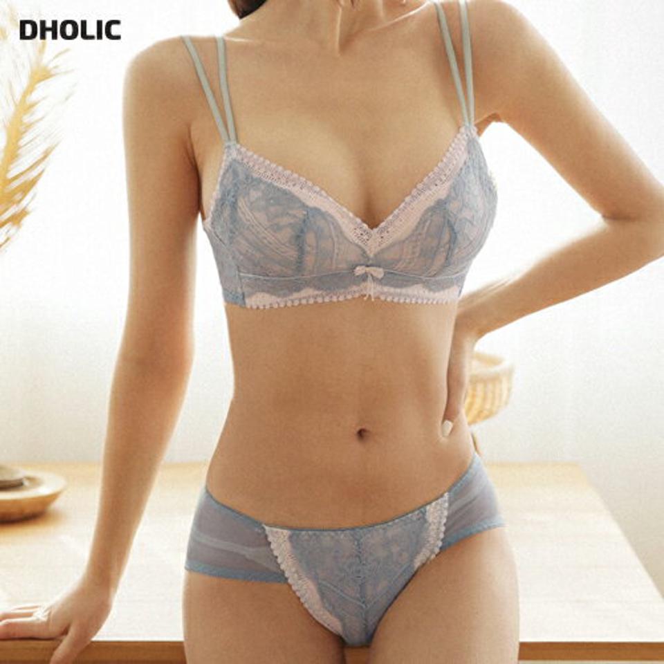 リボン配色ブラ&ショーツSET・全3色・e44454 レディース 【uw】 韓国ファッション アンダーウェア ランジェリー 下着 セット ブラジャー ブラ ショーツ パンツ ノンワイヤー ボリューム 大人 上品 レース リーフ 配色レース カジュアル 秋 冬