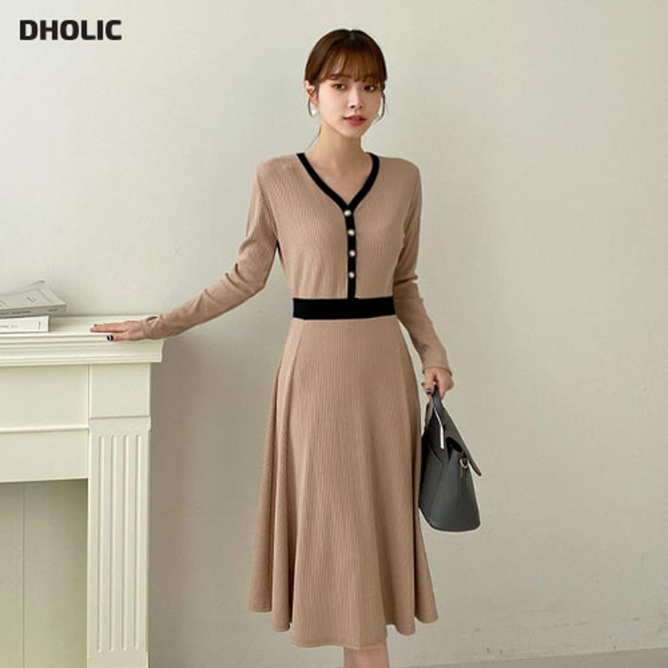 配色リブニットワンピース・全2色・b66482 レディース 【ops】【ワンピース ミディ丈 ミディワンピース 長袖 ニット ニットワンピース 配色 リブ リブニット Vネック デコルテ 可愛い かわいい フレア 秋 冬 韓国 ファッション】【ハイホリHIHOLLI】