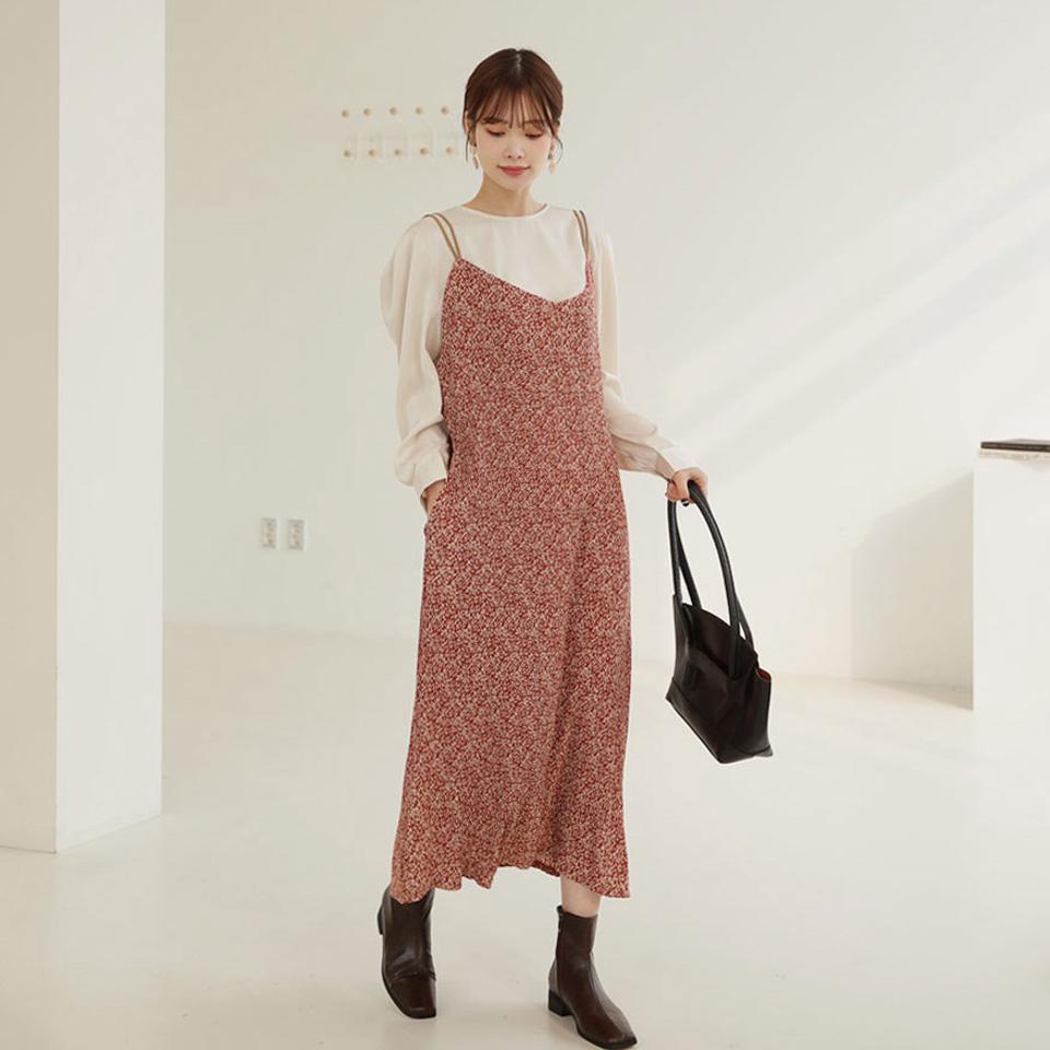 花柄キャミワンピース・全3色・t66424 レディース 【ops】【ワンピース ロング ロングワンピース キャミソール スリーブレス ノースリーブ 花柄 レイヤード かわいい 可愛い 秋 冬 韓国 ファッション】【ハイホリHIHOLLI】