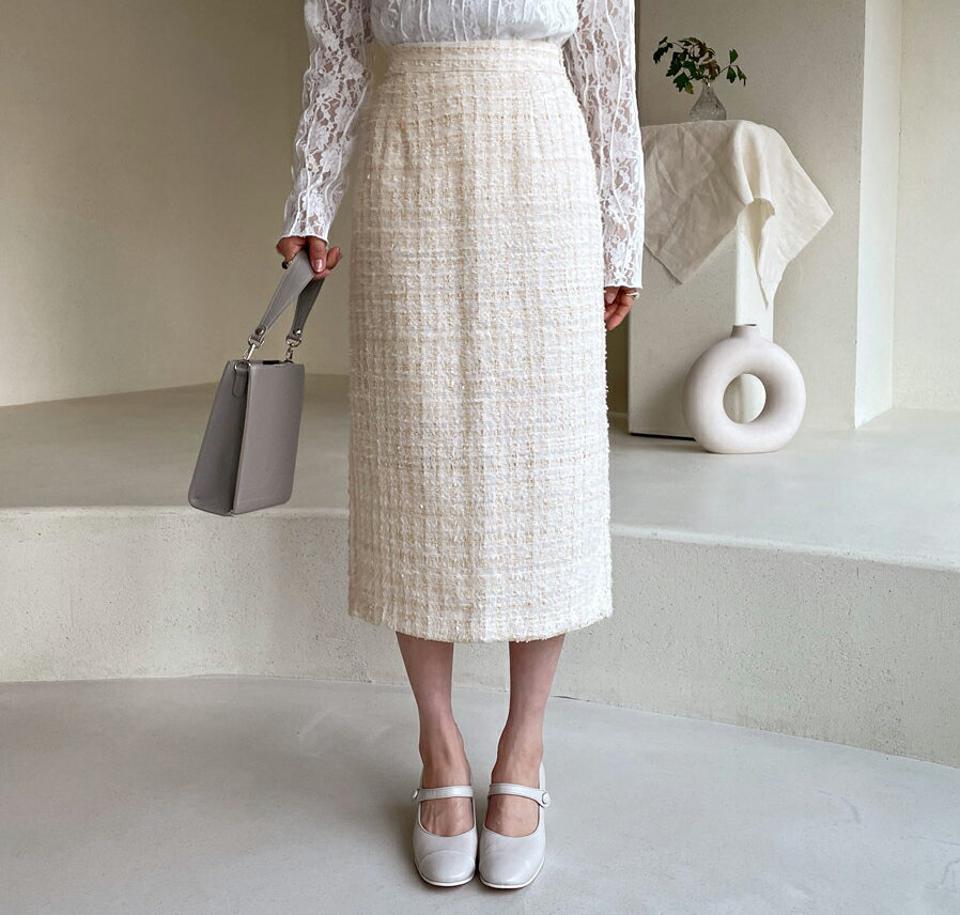 ツイードHラインスカート・全2色・t61499 レディース 【sk】【韓国 ファッション ボトムス スカート ロング Hライン 高級感 ツイード ユニーク ファスナー ボリューム 上品 フェミニン シンプル スリム 体型カーバー 細身 ベーシック デイリー 秋 冬】