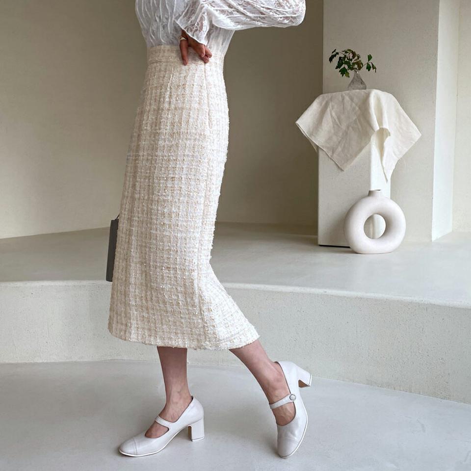 ツイードHラインスカート・全2色・t61499 レディース 【sk】【韓国 ファッション ボトムス スカート ロング Hライン 高級感 ツイード ユニーク ファスナー ボリューム 上品 フェミニン シンプル スリム 体型カーバー 細身 ベーシック デイリー 秋 冬】