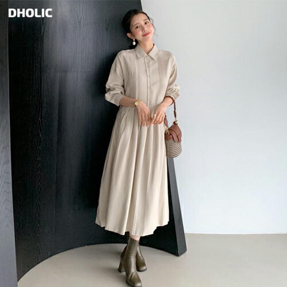 プリーツカラーワンピース・全3色・b61509 レディース 【ops】【韓国 ファッション ワンピース ロング ロングワンピス 長袖 プリーツワンピース ルーズ 体型カバー ピンタック ベーシック シンプル カジュアル 体型カバー 細身 カジュアル 秋 冬】