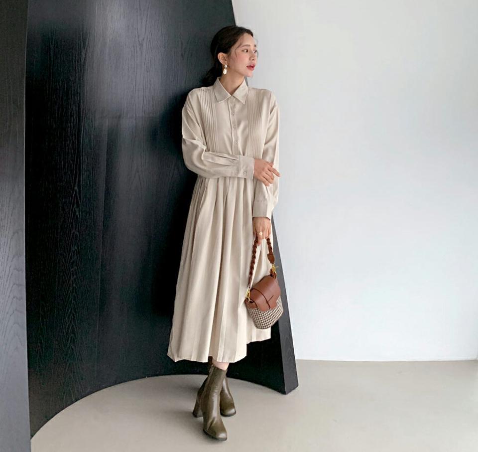 プリーツカラーワンピース・全3色・b61509 レディース 【ops】【韓国 ファッション ワンピース ロング ロングワンピス 長袖 プリーツワンピース ルーズ 体型カバー ピンタック ベーシック シンプル カジュアル 体型カバー 細身 カジュアル 秋 冬】