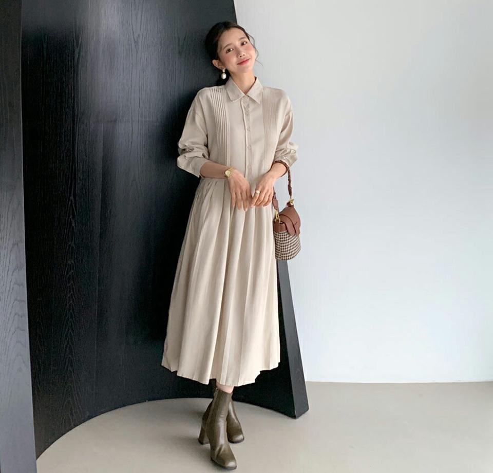 プリーツカラーワンピース・全3色・b61509 レディース 【ops】【韓国 ファッション ワンピース ロング ロングワンピス 長袖 プリーツワンピース ルーズ 体型カバー ピンタック ベーシック シンプル カジュアル 体型カバー 細身 カジュアル 秋 冬】