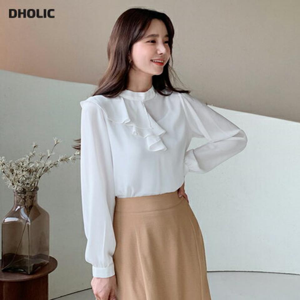 ラッフルブラウス・全3色・b61471 レディース 【bl】【韓国 ファッション トップス ブラウス 長袖 ラウンドネック バンドカラー ラッフル 上品 フェミニン カジュアル 無地 デイリー カジュアル 秋 冬】