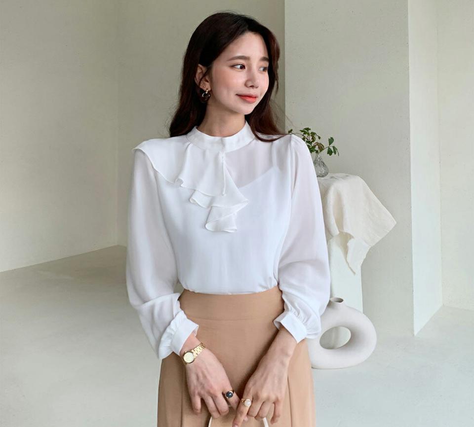 ラッフルブラウス・全3色・b61471 レディース 【bl】【韓国 ファッション トップス ブラウス 長袖 ラウンドネック バンドカラー ラッフル 上品 フェミニン カジュアル 無地 デイリー カジュアル 秋 冬】