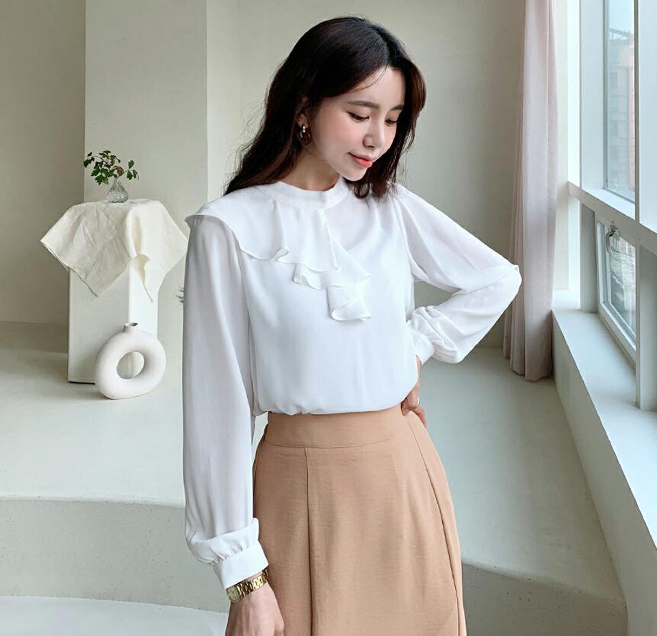 ラッフルブラウス・全3色・b61471 レディース 【bl】【韓国 ファッション トップス ブラウス 長袖 ラウンドネック バンドカラー ラッフル 上品 フェミニン カジュアル 無地 デイリー カジュアル 秋 冬】