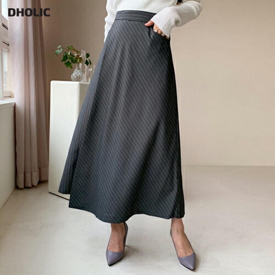 ストライプフレアスカート・全2色・t61495 レディース 【sk】【韓国 ファッション ボトムス スカート ロング Aライン ストライプ パターン ラップ調 フレア サイドポケット シンプル スリム 体型カーバー 細身 ベーシック デイリー カジュアル 秋 冬】