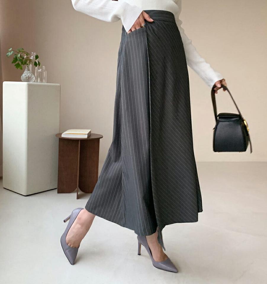 ストライプフレアスカート・全2色・t61495 レディース 【sk】【韓国 ファッション ボトムス スカート ロング Aライン ストライプ パターン ラップ調 フレア サイドポケット シンプル スリム 体型カーバー 細身 ベーシック デイリー カジュアル 秋 冬】