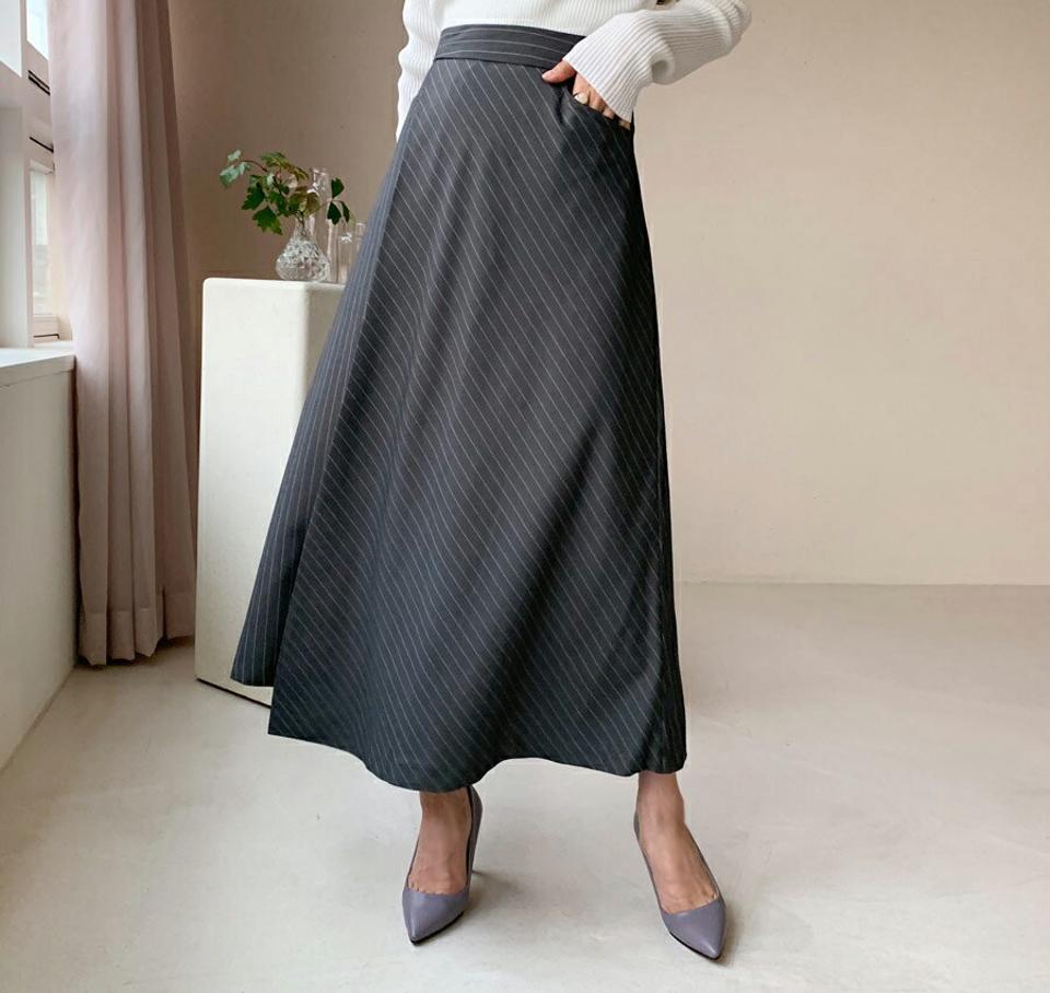 ストライプフレアスカート・全2色・t61495 レディース 【sk】【韓国 ファッション ボトムス スカート ロング Aライン ストライプ パターン ラップ調 フレア サイドポケット シンプル スリム 体型カーバー 細身 ベーシック デイリー カジュアル 秋 冬】
