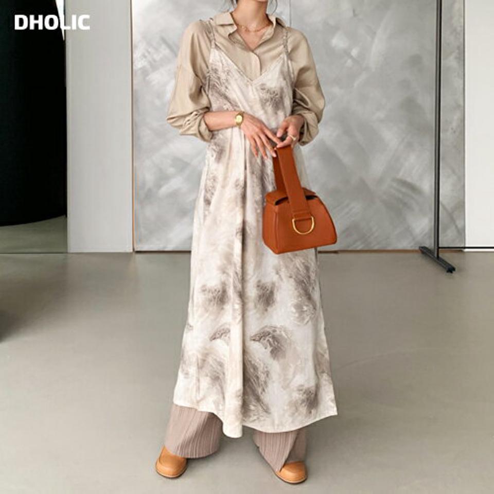 マーブリングキャミワンピース・全3色・t61481 レディース 【ops】【韓国 ファッション ワンピース ロング ロングワンピス マーブリング パターン スリーブレス Vネック レイヤード シンプル カジュアル 体型カバー 細身 カジュアル 秋 冬】