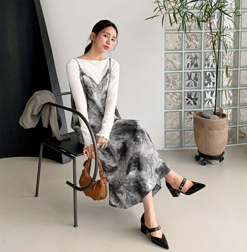 マーブリングキャミワンピース・全3色・t61481 レディース 【ops】【韓国 ファッション ワンピース ロング ロングワンピス マーブリング パターン スリーブレス Vネック レイヤード シンプル カジュアル 体型カバー 細身 カジュアル 秋 冬】
