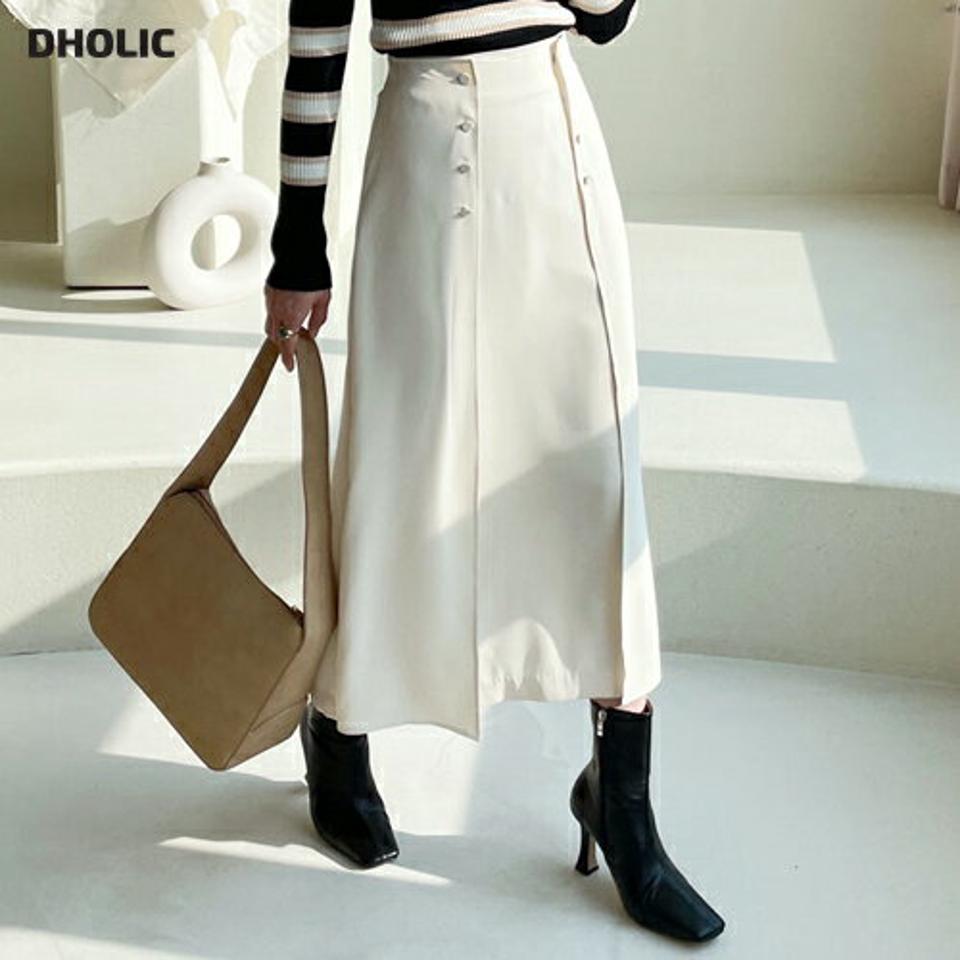 ボタンスリットスカート・全2色・t61510 レディース 【sk】【韓国 ファッション ボトムス スカート ロング ボタン バックスリット バックゴム 上品 フェミニン シンプル スリム 体型カーバー 細身 ベーシック デイリー カジュアル 秋 冬】