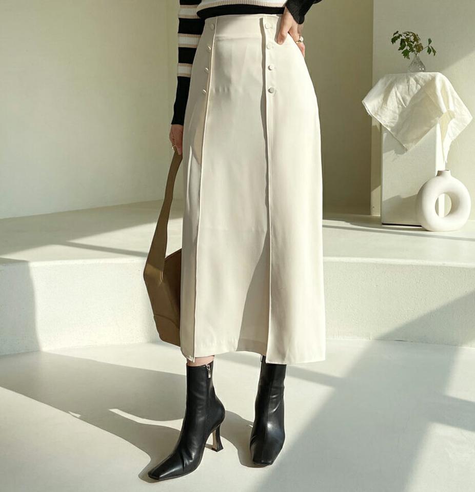 ボタンスリットスカート・全2色・t61510 レディース 【sk】【韓国 ファッション ボトムス スカート ロング ボタン バックスリット バックゴム 上品 フェミニン シンプル スリム 体型カーバー 細身 ベーシック デイリー カジュアル 秋 冬】