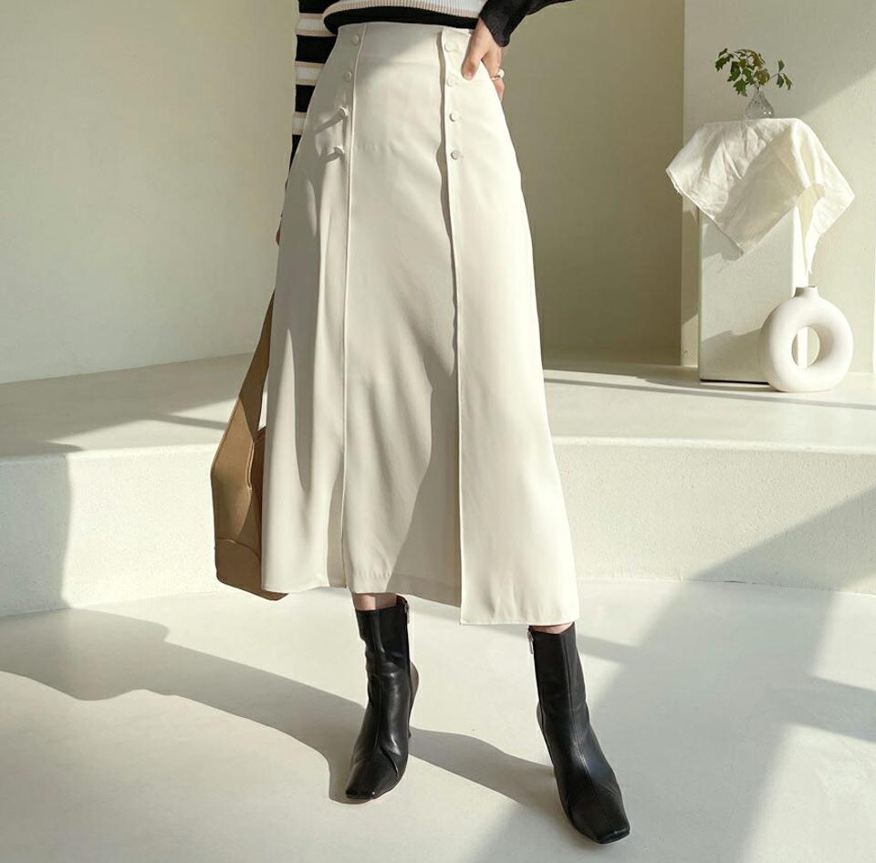 ボタンスリットスカート・全2色・t61510 レディース 【sk】【韓国 ファッション ボトムス スカート ロング ボタン バックスリット バックゴム 上品 フェミニン シンプル スリム 体型カーバー 細身 ベーシック デイリー カジュアル 秋 冬】
