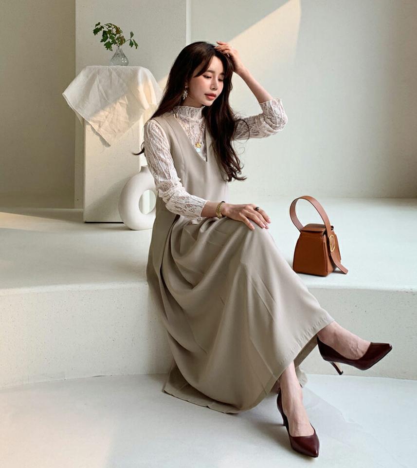 タックノースリワンピース・全2色・t61486 レディース 【ops】【韓国 ファッション ワンピース ロング ロングワンピス スリーブレス Aライン バックファスナー 無地 Vネック ベーシック シンプル カジュアル 体型カバー 細身 カジュアル 秋 冬】