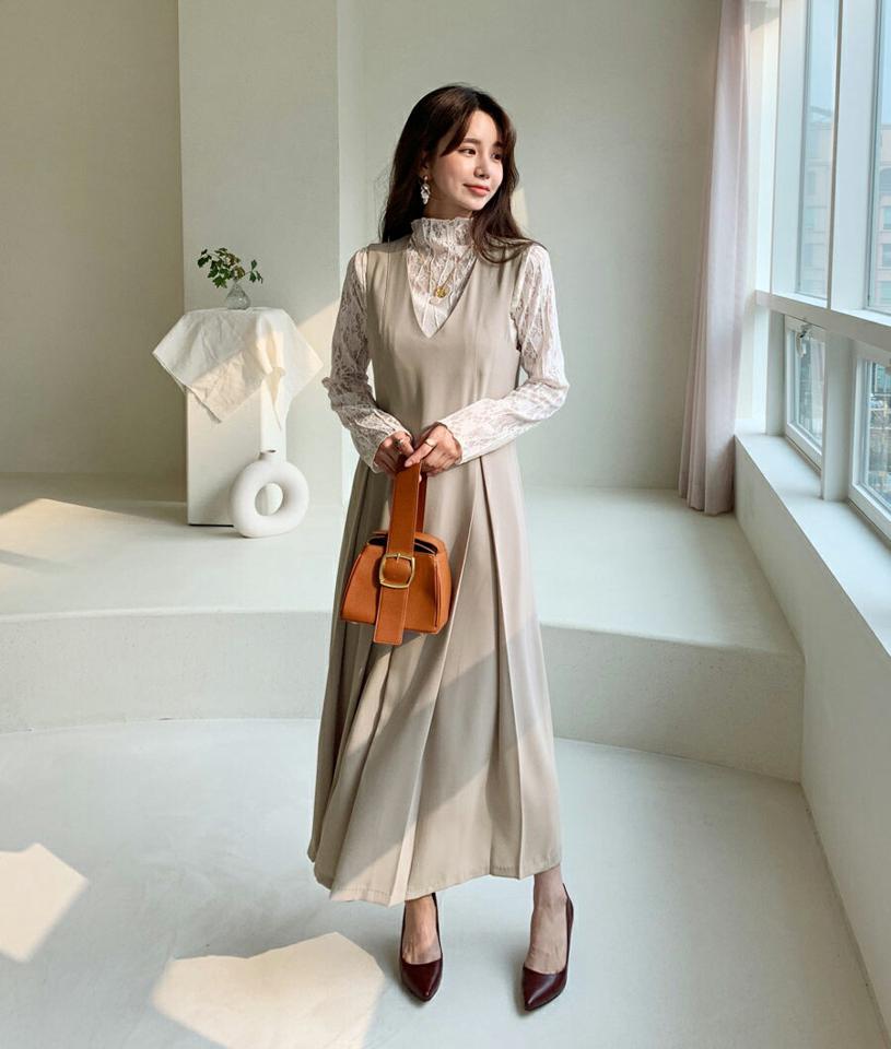 タックノースリワンピース・全2色・t61486 レディース 【ops】【韓国 ファッション ワンピース ロング ロングワンピス スリーブレス Aライン バックファスナー 無地 Vネック ベーシック シンプル カジュアル 体型カバー 細身 カジュアル 秋 冬】