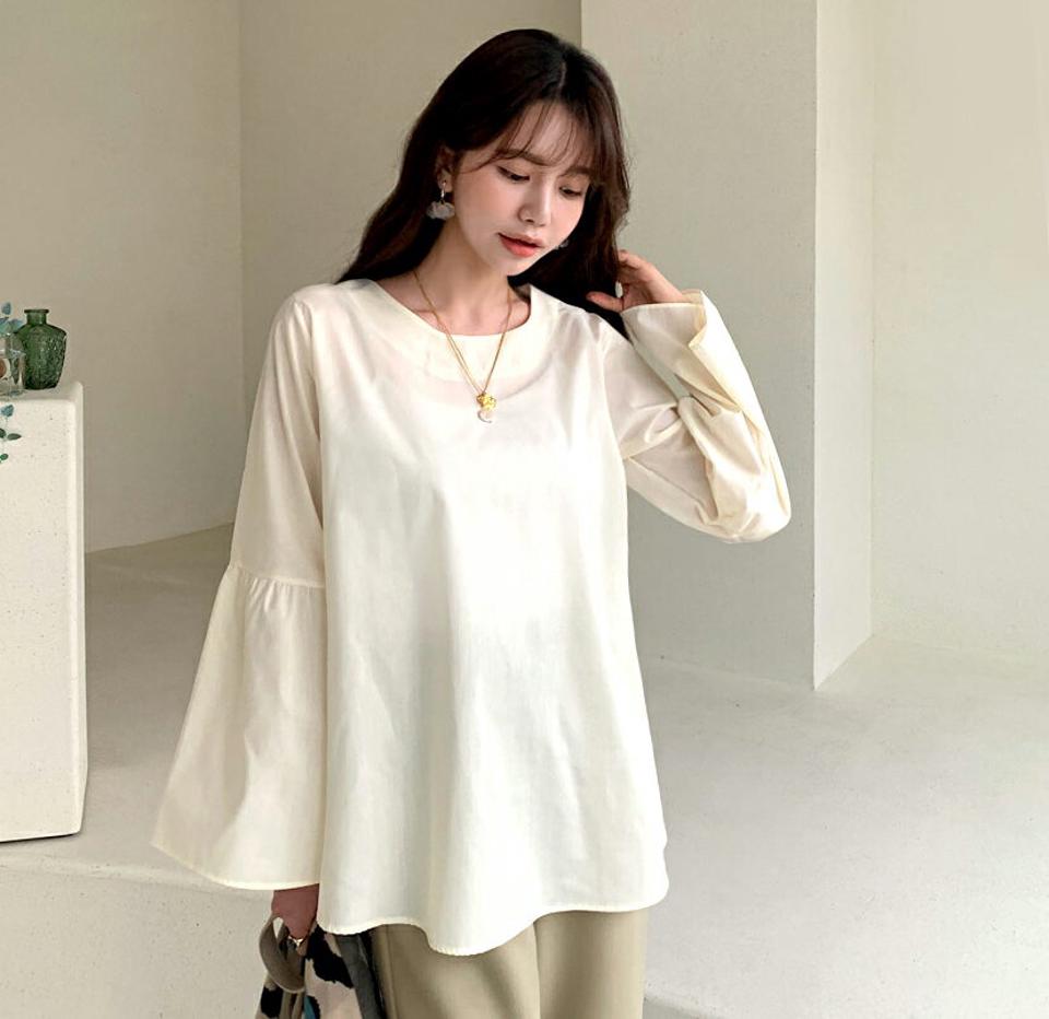 フレアスリーブブラウス・全4色・t61474 レディース 【bl】【韓国 ファッション トップス ブラウス 長袖 フレア スリーブ フレアブラウス 体型カバー ルーズ　ゆったり 上品 ベーシック フェミニン カジュアル 無地 デイリー カジュアル 秋 冬】