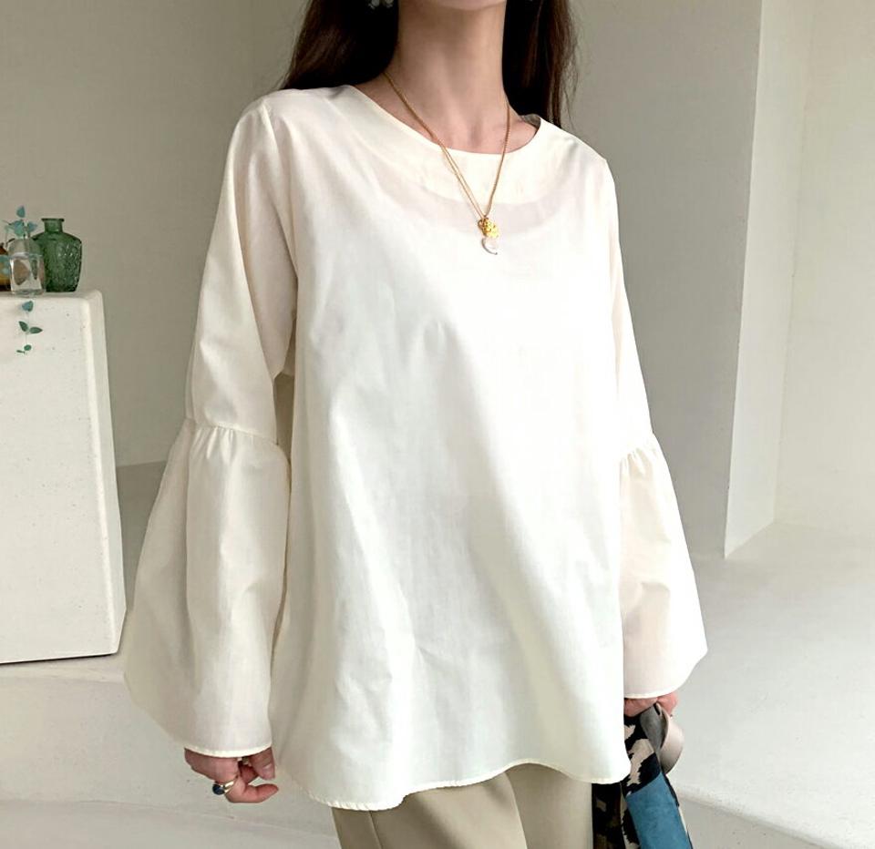 フレアスリーブブラウス・全4色・t61474 レディース 【bl】【韓国 ファッション トップス ブラウス 長袖 フレア スリーブ フレアブラウス 体型カバー ルーズ　ゆったり 上品 ベーシック フェミニン カジュアル 無地 デイリー カジュアル 秋 冬】