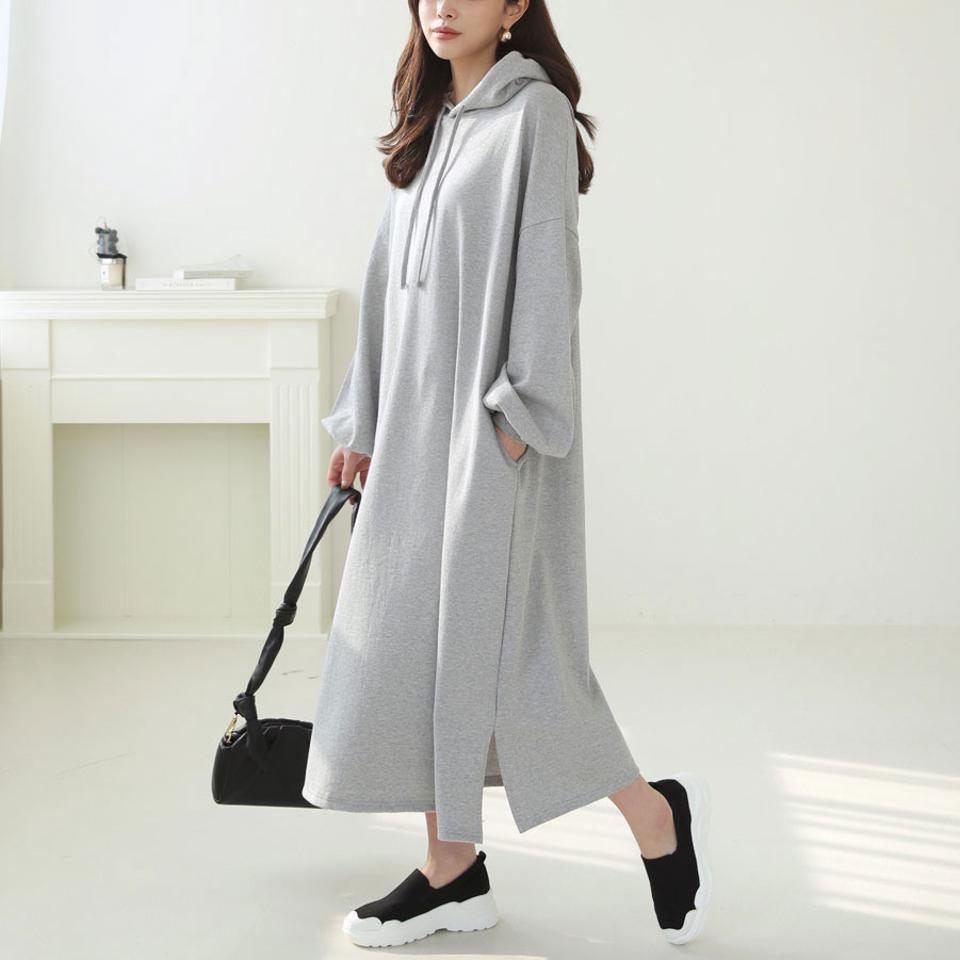 フードワンピース・全3色・t66422 レディース 【ops】【ワンピース ロング ロングワンピース 長袖 フード ラフ ゆったり カジュアル 単色 無地 シンプル 秋 冬 韓国 ファッション】【ハイホリHIHOLLI】