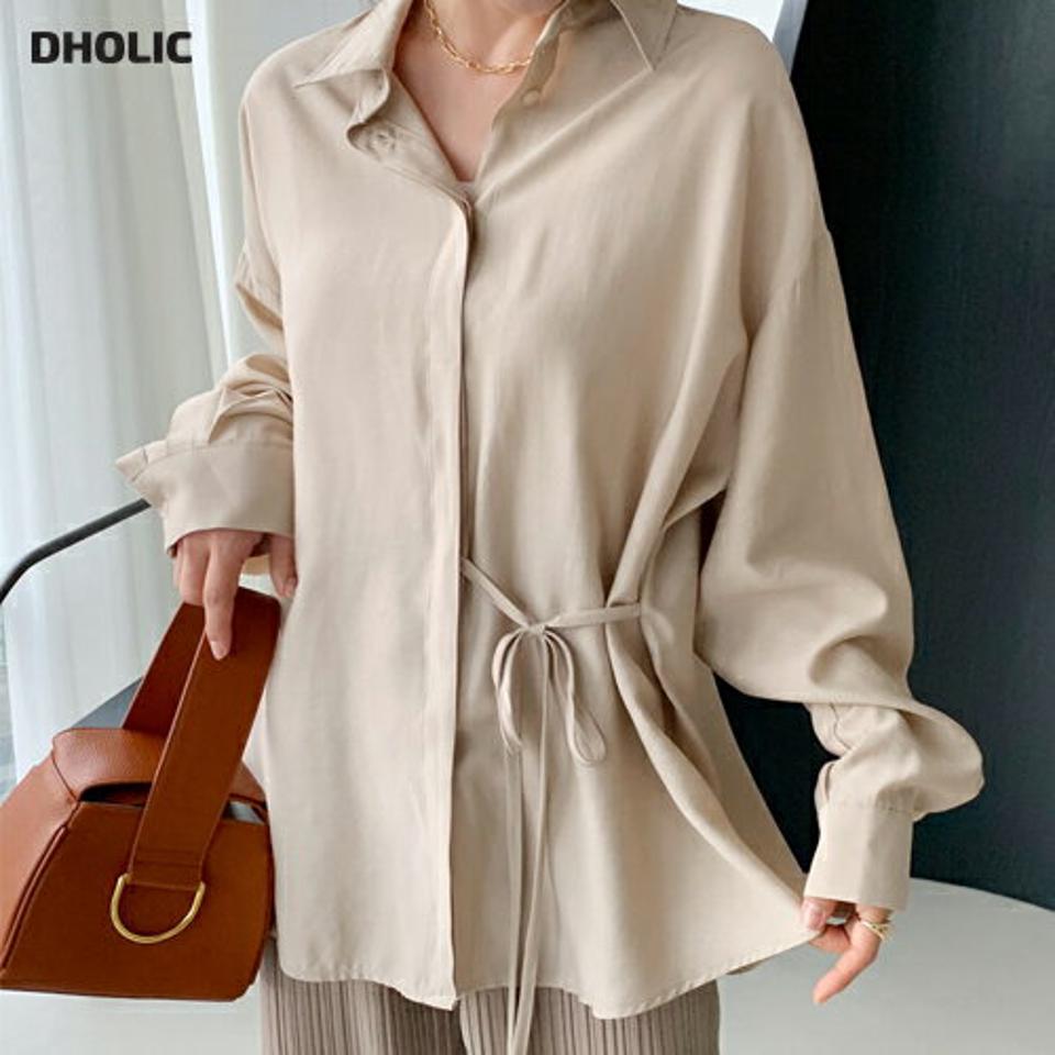 サイドリボンシャツ・全4色・t61473 レディース 【bl】【韓国 ファッション トップス ブラウス シャツ 長袖 サイドリボン 体型カバー ルーズ　ゆったり 上品 ベーシック フェミニン カジュアル 無地 デイリー カジュアル 秋 冬】