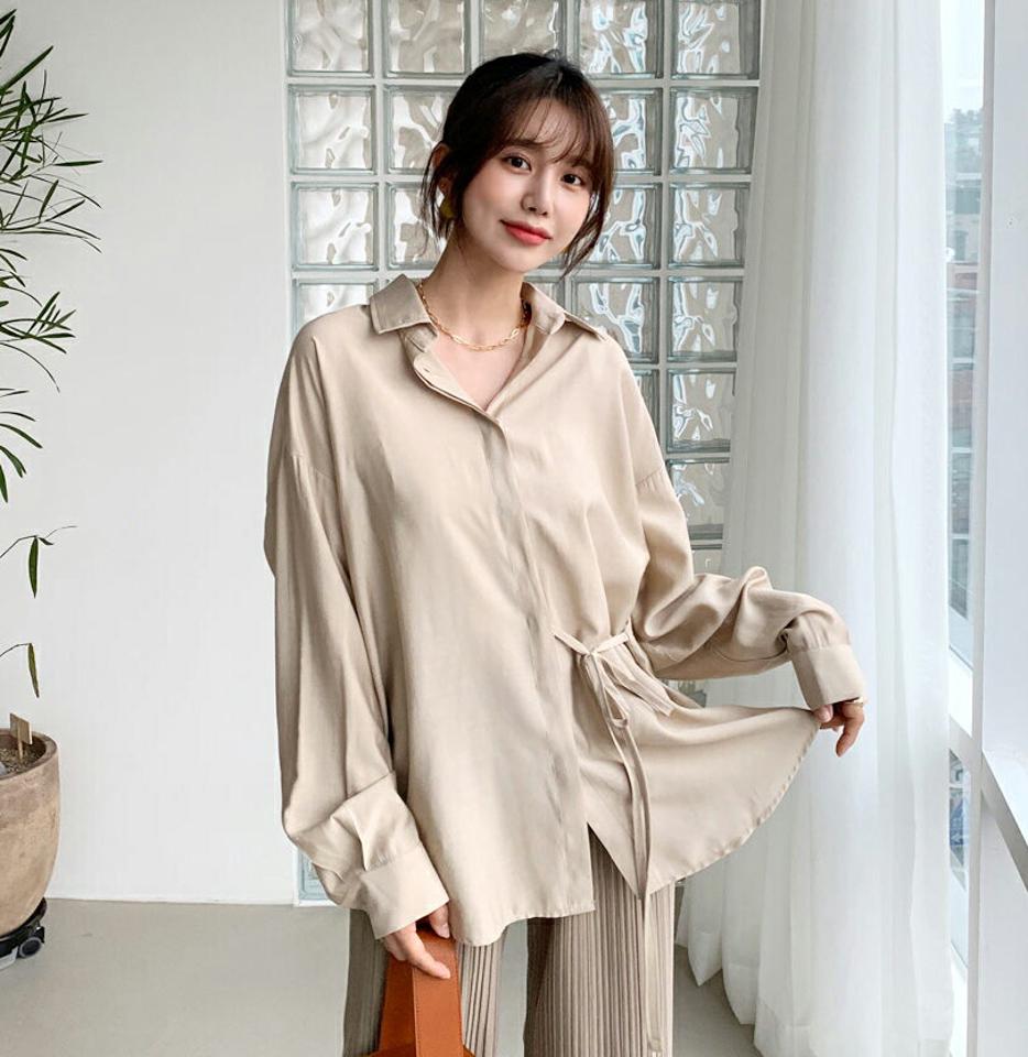 サイドリボンシャツ・全4色・t61473 レディース 【bl】【韓国 ファッション トップス ブラウス シャツ 長袖 サイドリボン 体型カバー ルーズ　ゆったり 上品 ベーシック フェミニン カジュアル 無地 デイリー カジュアル 秋 冬】