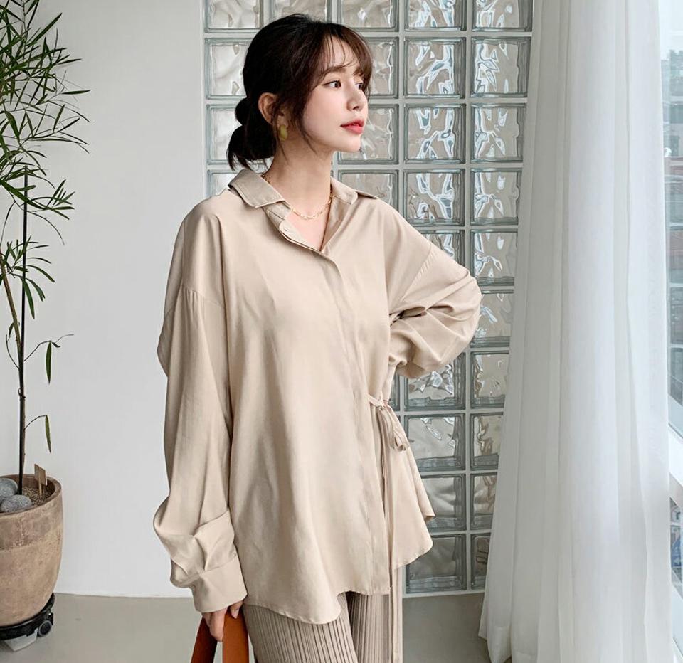 サイドリボンシャツ・全4色・t61473 レディース 【bl】【韓国 ファッション トップス ブラウス シャツ 長袖 サイドリボン 体型カバー ルーズ　ゆったり 上品 ベーシック フェミニン カジュアル 無地 デイリー カジュアル 秋 冬】