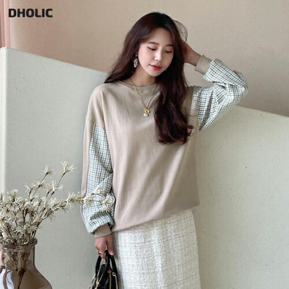 チェックスリーブスウェット・全3色・b61469 レディース 【tops】【韓国 ファッション トップス スウェット Tシャツ カットソー 長袖 チェック スリーブ ラウンドネック ルーズ ゆったり ゆとり シンプル デイリー ベーシック カジュアル カジュアル 秋 冬】